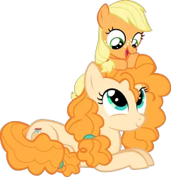 Size: 8625x8915 | Tagged: safe, artist:mrkat7214, derpibooru import, applejack, pear butter, earth pony, pony, absurd resolution, cute, duo, female, filly, filly applejack, jackabetes, looking at each other, mother and child, mother and daughter, pearabetes, prone, simple background, sitting on head, transparent background, vector, younger