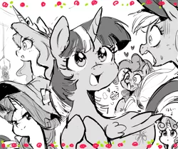 Size: 1760x1470 | Tagged: safe, artist:nendo, derpibooru import, applejack, pinkie pie, princess celestia, rarity, sweetie belle, twilight sparkle, twilight sparkle (alicorn), alicorn, earth pony, pony, unicorn, my little pony: the manga, cowboy hat, cupcake, cute, female, filly, food, hat, heart, japanese, mare, monochrome, muffin, pixiv, toy