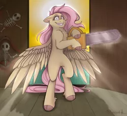 Size: 3500x3200 | Tagged: grimdark, artist:amitash, derpibooru import, fluttershy, pegasus, pony, .mov, shed.mov, animal, bone, chainsaw, dead, fluttershed, grin, high res, looking at you, pony.mov, shed, smiling