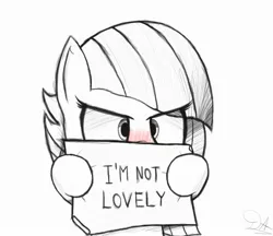 Size: 2779x2398 | Tagged: safe, artist:drawalaverr, derpibooru import, limestone pie, earth pony, pony, annoying, blatant lies, blushing, cute, female, i'm not cute, lies, limabetes, limetsun pie, mare, monochrome, sign, simple background, solo, tsundere