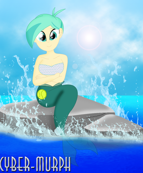 Size: 1856x2240 | Tagged: safe, artist:cyber-murph, derpibooru import, tennis match, mermaid, equestria girls, equestria girls series, background human, bandeau, belly, belly button, crossed arms, mermaidized, midriff, ocean, rock, scales, short hair, signature, sitting, species swap