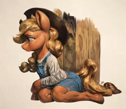 Size: 1200x1040 | Tagged: safe, artist:assasinmonkey, derpibooru import, applejack, anthro, earth pony, unguligrade anthro, arm hooves, clothes, cowboy hat, female, hat, image, overalls, png, profile, realistic horse legs, sitting, solo