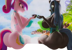 Size: 1550x1080 | Tagged: suggestive, artist:puppy3d, derpibooru import, princess cadance, queen chrysalis, alicorn, anthro, changeling, changeling queen, art pack:milfs in heat, 3d, alcohol, big breasts, bikini, breasts, bugbutt, busty princess cadance, busty queen chrysalis, butt, clothes, duo, erect nipples, female, huge breasts, huge butt, large butt, lovebutt, nipple outline, reversalis, swimsuit, thong swimsuit, wine, wingless, wingless anthro