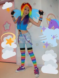 Size: 768x1024 | Tagged: artist:bunnyoxo, clothes, converse, cosplay, costume, derpibooru import, human, irl, irl human, my little pony cafe, photo, rainbow dash, rainbow socks, safe, shoes, socks, striped socks, thigh highs, wings