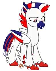 Size: 1024x1308 | Tagged: artist:firehearttheinferno, base used, beak, blue, classical hippogriff, derpibooru import, eyelashes, fallout equestria, fallout equestria: equestria the beautiful, feather, female, hippogriff, hippogriff oc, hooves, link in description, oc, pink eyes, puzzled, red, safe, solo, striped mane, tail feathers, talons, unofficial characters only, white coat