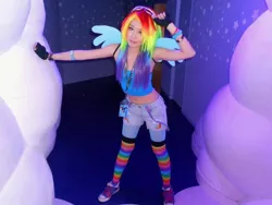 Size: 1024x768 | Tagged: artist:bunnyoxo, clothes, converse, cosplay, costume, derpibooru import, human, irl, irl human, my little pony cafe, photo, rainbow dash, rainbow socks, safe, shoes, socks, solo, striped socks, thigh highs, wings