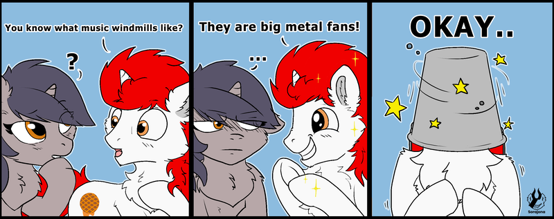 Size: 2400x950 | Tagged: safe, artist:sorajona, derpibooru import, oc, oc:stroop, oc:stroopwafeltje, pony, unicorn, bucket, cheekfluff, chest fluff, circling stars, comic, comic strip, convention, convention art, convention:ponyconholland, cutie mark, dizzy, female, fluffy, funny, gray coat, hair, halfbody, happy, joke, male, mare, netherlands, panels, poker face, pun, red hair, smiling, stallion, stars, tail, unamused, white coat, windmill