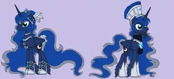 Size: 3156x1440 | Tagged: safe, artist:rosefang16, derpibooru import, princess luna, alicorn, pony, armor, beard, chest fluff, crown, ear fluff, ear piercing, earring, eyeshadow, facial hair, fangs, feather, female, headdress, helmet, hoof shoes, jewelry, leg fluff, makeup, male, mare, piercing, prince artemis, purple background, regalia, rule 63, simple background, solo, stallion, trans boy, transgender, wing fluff