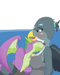 Size: 2000x2500 | Tagged: suggestive, artist:techgear, derpibooru import, gabby, spike, anthro, dragon, gryphon, blushing, breasts, female, interspecies, kissing neck, licking, male, neck licking, nudity, shipping, spabby, straight, tongue out