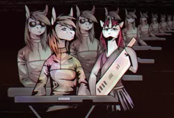 Size: 1280x870 | Tagged: safe, artist:thane corst, derpibooru import, oc, unofficial characters only, earth pony, pony, unicorn, clothes, digital art, duo, elektronik supersonik, female, horn, keyboard, keytar, male, mare, musical instrument, recursion, stallion