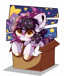 Size: 2000x2400 | Tagged: artist:etoz, bandaid, blushing, box, chibi, commission, cute, derpibooru import, ear piercing, earring, fangs, female, happy, heart, jewelry, mare, oc, piercing, plaster, safe, sitting, solo, stars, unofficial characters only, ych result