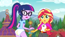 Size: 1920x1090 | Tagged: suggestive, derpibooru import, edit, edited edit, edited screencap, screencap, sci-twi, sunset shimmer, twilight sparkle, equestria girls, legend of everfree, ass, butt, diaper, diaper edit, diaper fetish, fetish, scared, surprised