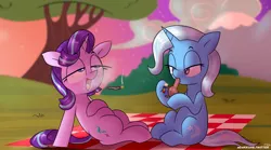 Size: 2000x1113 | Tagged: safe, artist:adarkonensfw, derpibooru import, starlight glimmer, trixie, pony, unicorn, drug use, drugs, joint, lidded eyes, marijuana, picnic, picnic blanket, sitting, smoking, weeds