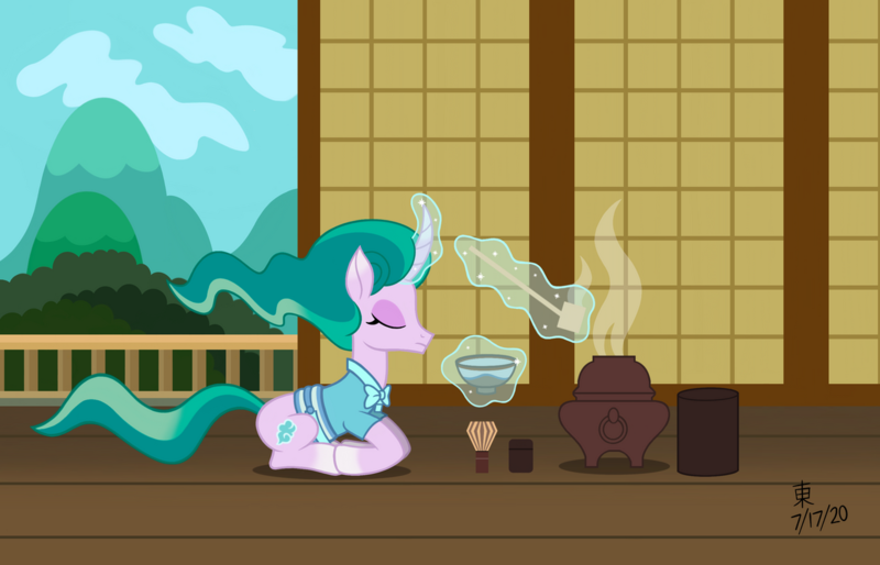 Size: 1280x823 | Tagged: artist:jazzytyfighter, derpibooru import, food, mistmane, safe, sliding doors, tea, tea ceremony