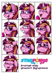 Size: 1280x1783 | Tagged: safe, artist:pridark, artist:starponys87, derpibooru import, purple waters, oc, unicorn, affection, angry, ashamed, asperger's syndrome, autism, autism acceptance month, crying, disgusted, embarrassed, emotional spectrum, emotions, geek, glasses, happy, horn, laughing, messy hair, messy mane, nerd, nervous, parody, rage, sad, scared, unicorn oc
