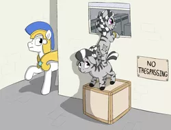 Size: 1953x1483 | Tagged: safe, artist:heretichesh, derpibooru import, oc, oc:mchafu, oc:zala, earth pony, pony, zebra, armor, box, caught, female, filly, imminent spanking, locker, male, peeking, royal guard, sign, stallion, text, this will end in juvenile detention, zebra oc, zilly