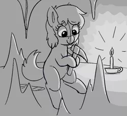 Size: 842x772 | Tagged: safe, artist:heretichesh, derpibooru import, oc, oc:whinny, earth pony, pony, candle, candlelight, cave, female, mare, mining, pickaxe, stalactite, stalagmite