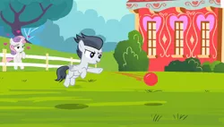 Size: 1102x626 | Tagged: safe, artist:lunaticdawn, derpibooru import, rumble, sweetie belle, pony, ball, female, heart, male, rumbelle, shipping, straight