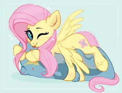 Size: 3330x2556 | Tagged: safe, artist:taneysha, derpibooru import, fluttershy, dolphin, pegasus, pony, my little pony: pony life, the trail less trotten, spoiler:pony life s01e07, body pillow, cute, female, finn tastic, g4.5 to g4, looking at you, lying down, mare, one eye closed, pillow, shyabetes, solo