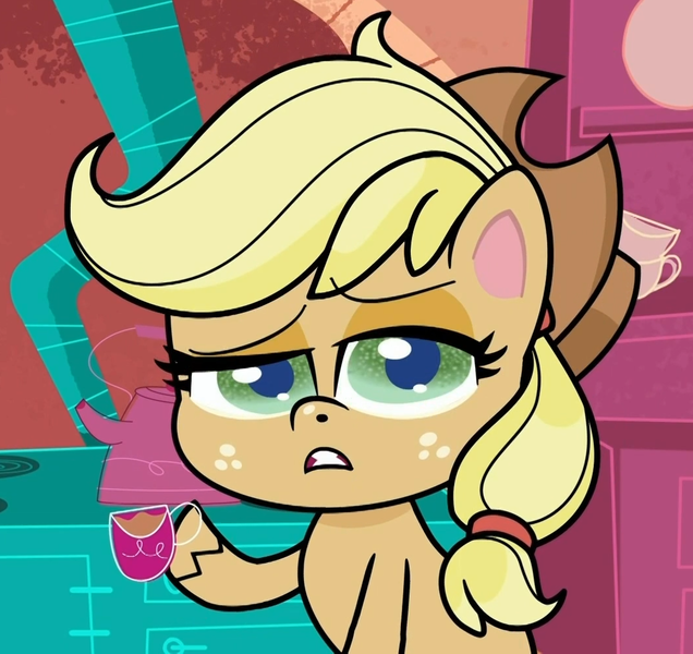 Size: 1060x1000 | Tagged: safe, derpibooru import, screencap, applejack, earth pony, pony, bighoof walking, my little pony: pony life, spoiler:pony life s01e08, spoiler:pony life s01e09, cropped, cup, food, lidded eyes, solo, tea, teacup