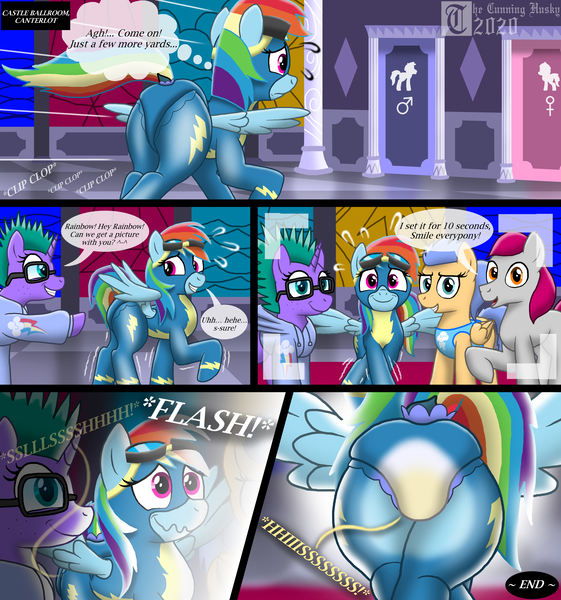 Size: 2807x3000 | Tagged: questionable, artist:mrchaosthecunningwlf, artist:ponyvillechaos577, derpibooru import, rainbow dash, earth pony, pegasus, pony, unicorn, accident, close-up, clothes, comic, comic strip, crossed legs, desperation, diaper, diaper fetish, fans, female, fetish, grand galloping gala, male, mare, need to pee, omorashi, peeing in diaper, photo shoot, pissing, potty dance, potty emergency, potty time, uniform, urine, watersports, wet diaper, wetting, wonderbolts uniform, x-ray