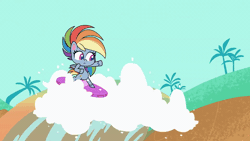 Size: 800x450 | Tagged: animated, bipedal, cartoon physics, derpibooru import, falling, gif, gritted teeth, looking at you, my little pony: pony life, pegasus, pony surfin' safari, rainbow dash, rainbow water, safe, screencap, solo, splash, spoiler:pony life s01e22, surfboard, surfing