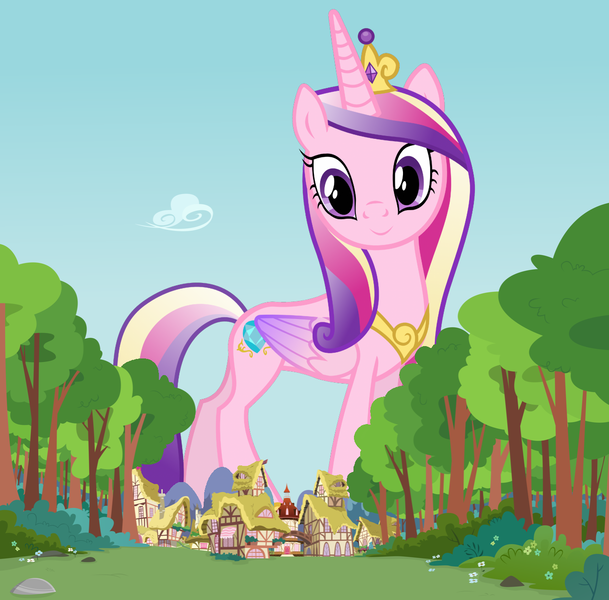 Size: 1280x1262 | Tagged: safe, artist:90sigma, derpibooru import, princess cadance, alicorn, pony, attack on pony, crown, female, giant alicorn, giant cadance, giant pony, giantess, houses, jewelry, macro, mare, mega cadance, mega giant, ponyville, regalia