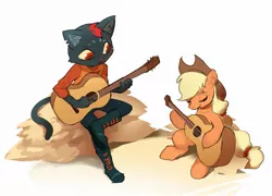 Size: 2108x1520 | Tagged: safe, artist:luciferamon, derpibooru import, applejack, cat, pony, crossover, guitar, hat, hay, mae borowski, musical instrument, night in the woods, playing