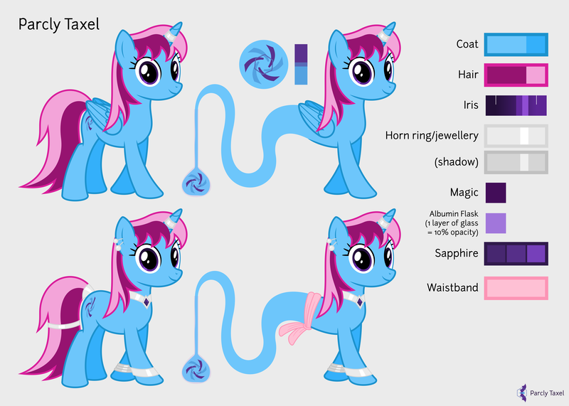 Size: 5600x4000 | Tagged: safe, artist:parclytaxel, derpibooru import, oc, oc:parcly taxel, unofficial characters only, alicorn, genie, genie pony, pony, ain't never had friends like us, albumin flask, .svg available, absurd resolution, alicorn oc, bottle, bracelet, collar, ear piercing, earring, female, gray background, horn, horn ring, jewelry, looking at you, mare, piercing, reference sheet, ring, simple background, smiling, solo, tail wrap, trotcon, vector, waistband, wings, wristband