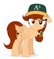 Size: 2913x3228 | Tagged: safe, artist:rioshi, artist:starshade, derpibooru import, oc, oc:vanilla creame, unofficial characters only, pegasus, pony, alcohol, baseball cap, beer, cap, curious, hat, oakland athletics, shadow, simple background, solo