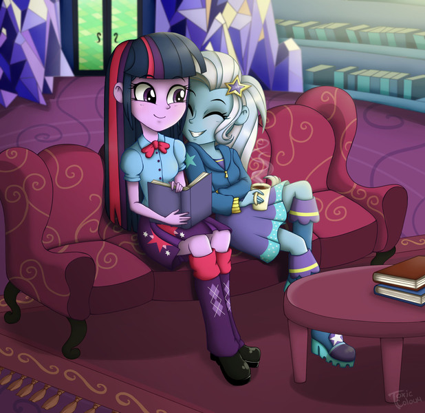 Size: 1680x1630 | Tagged: safe, artist:toxiccolour, derpibooru import, trixie, twilight sparkle, equestria girls, book, boots, bowtie, clothes, coffee, coffee mug, couch, cup, eyes closed, female, grin, hoodie, lesbian, mug, reading, shipping, shirt, shoes, skirt, smiling, table, twilight's castle, twixie