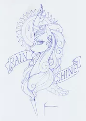 Size: 1103x1551 | Tagged: 2020, artist:longinius, bust, curly mane, derpibooru import, eyelashes, female, frown, horn, horn jewelry, jewelry, kirin, looking at you, makeup, portrait, profile, rain shine, regalia, safe, simple background, solo, striped horn, text, traditional art