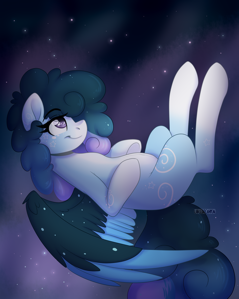 Size: 2000x2500 | Tagged: artist:dreamy, artist:littledreamycat, belly, commission, derpibooru import, ethereal mane, flying, hoof on belly, night, nightsky, oc, oc:stellar constellation, pegasus, pregnant, safe, starry mane, thinking, two toned wings, wings
