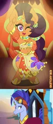 Size: 2400x5570 | Tagged: artist:snakeythingy, belly dancer, belly dancer outfit, bipedal, dancer, derpibooru import, edit, edited screencap, female, harem outfit, hoo'far, looking at you, male, one eye closed, road to friendship, robes, safe, saf'far, saffron masala, screencap, shipping, straight, the tasty treat, wink, winking at you