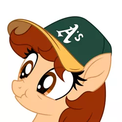 Size: 3583x3589 | Tagged: safe, artist:rioshi, artist:starshade, derpibooru import, oc, oc:vanilla creame, unofficial characters only, pegasus, pony, alcohol, baseball cap, beer, cap, curious, hat, oakland athletics, shadow, simple background, solo