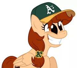 Size: 2201x1930 | Tagged: safe, artist:rioshi, artist:starshade, derpibooru import, oc, oc:vanilla creame, unofficial characters only, pegasus, pony, alcohol, baseball cap, beer, cap, curious, hat, oakland athletics, shadow, simple background, solo