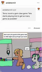 Size: 738x1246 | Tagged: safe, artist:ask-luciavampire, derpibooru import, oc, dracony, dragon, earth pony, hybrid, pony, tumblr:ask-the-pony-gamers, ask, claw machine, tumblr