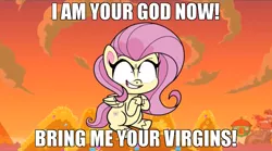 Size: 918x512 | Tagged: safe, derpibooru import, edit, edited screencap, screencap, fluttershy, pony, .mov, dress.mov, death of a sales-pony, my little pony: pony life, spoiler:pony life s01e07, bits, caption, female, gemstones, giant pony, giantess, giantshy, grin, i am your god now bring me your virgins, image macro, insanity, macro, meme, money, obsession, rubbing hooves, smiling, text, treehouse logo