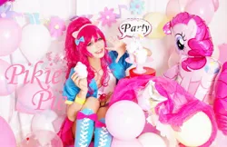 Size: 2355x1530 | Tagged: artist:mlp191, balloon, bow, clothes, cosplay, costume, derpibooru import, hair bow, human, irl, irl human, kotobukiya, photo, photographer:mii 0w0, pinkie pie, pony ears, safe, speech bubble