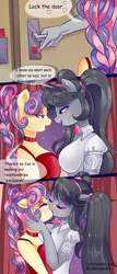 Size: 3000x7000 | Tagged: suggestive, artist:xjenn9, derpibooru import, bon bon, octavia melody, sweetie drops, anthro, comic:volb, bedroom eyes, blushing, bontavia, breasts, comic, commissioner:endbringer99, dialogue, female, french kiss, image, imminent sex, kissing, lesbian, lidded eyes, looking at each other, png, shipping, swingers