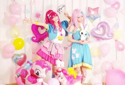 Size: 2302x1565 | Tagged: angel bunny, artist:furubanpan, artist:mlp191, balloon, bow, clothes, cosplay, costume, derpibooru import, dress, fluttershy, hair bow, hairpin, human, irl, irl human, kotobukiya, photo, photographer:mii 0w0, pinkie pie, plushie, pony ears, safe