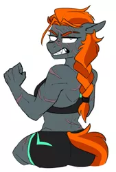 Size: 989x1460 | Tagged: safe, artist:redxbacon, derpibooru import, oc, anthro, earth pony, anthro oc, barbarian, clothes, dialogue, facial scar, female, gritted teeth, image, jpeg, looking back, muscles, muscular female, scar, sharp teeth, shorts, simple background, solo, sports bra, sports shorts, teeth, toned, torn ear, tribal, unamused, workout outfit