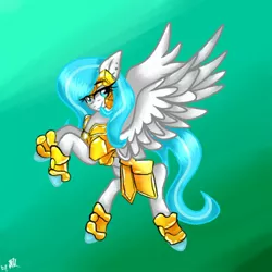 Size: 1024x1024 | Tagged: safe, artist:kiwwsplash, derpibooru import, oc, unofficial characters only, pegasus, pony, armor, colored hooves, gradient background, pegasus oc, signature, solo, wings