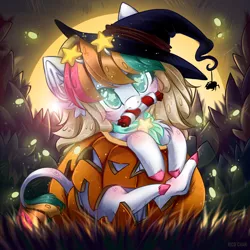 Size: 3000x3000 | Tagged: safe, artist:rico_chan, derpibooru import, oc, earth pony, pony, spider, big eyes, bush, candy, commission, digital, ear fluff, fluffy, food, glow, glowing eyes, glowworm, glowworms, grass, halloween, hat, holiday, pumpkin, solo, starry eyes, stars, sun, sunglasses, sunset, sweet, wingding eyes, witch, witch hat, ych result