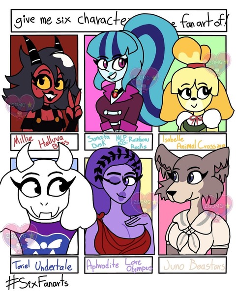 Size: 1000x1250 | Tagged: safe, artist:carla_zgomg15, derpibooru import, sonata dusk, anthro, dog, goat, six fanarts, equestria girls, animal crossing, aphrodite, beastars, bust, clothes, crossover, grin, helluva boss, isabelle, juno (beastars), millie (helluva boss), one eye closed, peace sign, smiling, toriel, undertale, wink