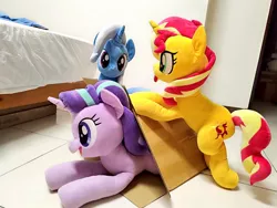 Size: 1024x768 | Tagged: safe, artist:nekokevin, derpibooru import, starlight glimmer, sunset shimmer, trixie, pony, unicorn, series:nekokevin's glimmy, bipedal, box, female, irl, lying down, magical trio, mare, open mouth, photo, plushie, smiling