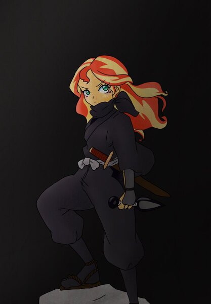 Size: 833x1200 | Tagged: safe, artist:suke2242, derpibooru import, sunset shimmer, equestria girls, bandana, black background, female, geta, katana, kunai, ninja, simple background, solo, sword, weapon