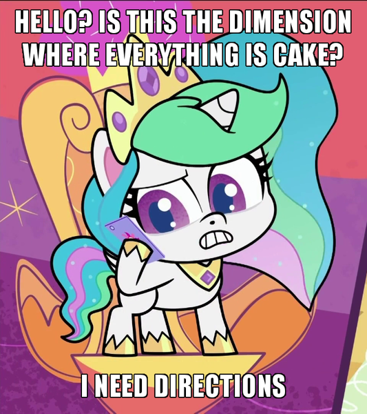 Size: 600x675 | Tagged: safe, derpibooru import, edit, edited screencap, screencap, princess celestia, alicorn, pony, my little pony: pony life, pinkie pie: hyper-helper, spoiler:pony life s01e06, cake, cakelestia, caption, everything is cake, food, image macro, meme, mobile phone, phone, smartphone, text