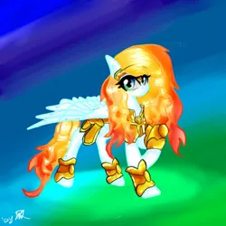 Size: 1024x1024 | Tagged: safe, artist:kiwwsplash, derpibooru import, oc, unofficial characters only, pegasus, pony, abstract background, armor, pegasus oc, raised hoof, signature, solo, wings