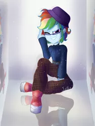 Size: 1536x2048 | Tagged: safe, artist:saltymango, derpibooru import, rainbow dash, equestria girls, reflections, spoiler:comic, alternate clothes, alternate hairstyle, bucket hat, clothes, cute, fashion, glasses, hat, looking at you, peace sign, rainbow dash always dresses in style, shoes, sneakers, solo, winking at you